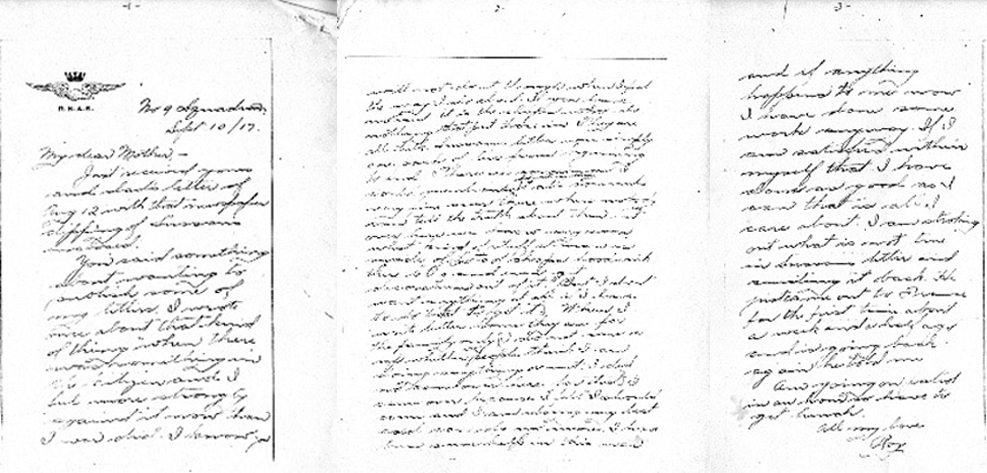 Black and white photocopy of a hand written letter. On the top of the left corner of the first page is a logo of a flying bird wearing a crown with the letters RNAS below it