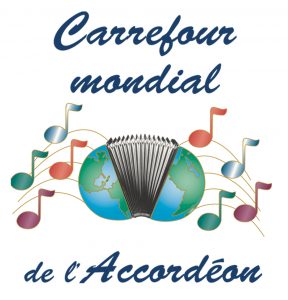 Colour logo with the words Carrefour mondial de l’accordéon and an image showing musical notes floating around a globe.