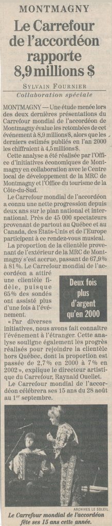 Article tiré du Journal Le Soleil, intitulé Le Carrefour de l’accordéon rapporte 8,9 millions  de dollars.
