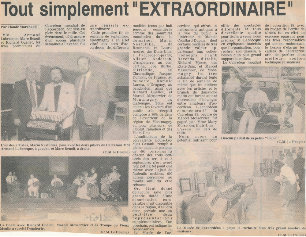 Newspaper article published in Le Peuple, titled The Carrefour mondial de l’accordéon: Simply Extraordinary