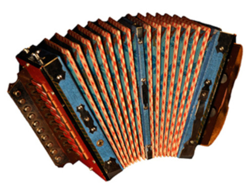 Colour photograph of a red and blue diatonic accordion with the bellows extended.