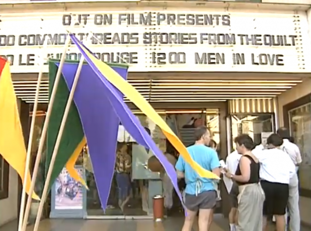 A crowd gathers outside the Ridge Theatre for the 2nd Annual Vancouver Gay and Lesbian Film Festival Gala event. President of the Out On Screen Society, Louise Pohl, is interviewed inside about the history of the Festival.