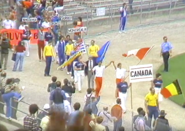 The Canadians enter Kezar Stadium in the Parade of Athletes for the Opening Ceremonies of 1982 Gay Games I.