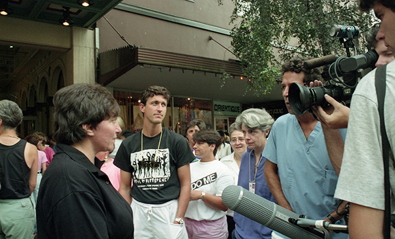 Press interview outside the Orpheum Theatre on August 10, 1990 during Gayla!