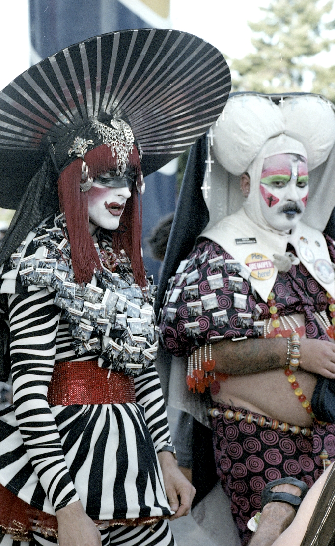 Two elaborately costumed 'nuns' of the Sisters of Perpetual Indulgence originating order (established 1979) of San Francisco.