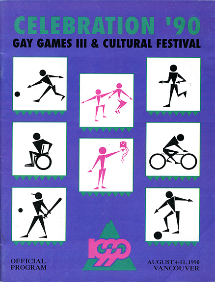 Colour cover of the Celebration '90 Gay Games III & Cultural Festival Official Program. 8 1/2 inch x 11 inch 77-page stapled publication.