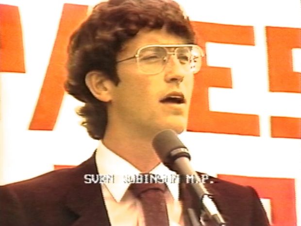 Member of Parliament, Svend Robinson, speaks to the crowd at the 1983 Vancouver Gay/Lesbian Pride Parade Festival in support of a Gay Games for the city.
