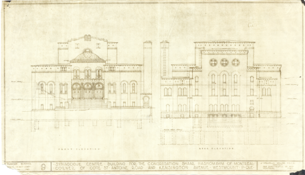Architectural drawing of the front and back of the Shaar Hashomayim building in Westmount.