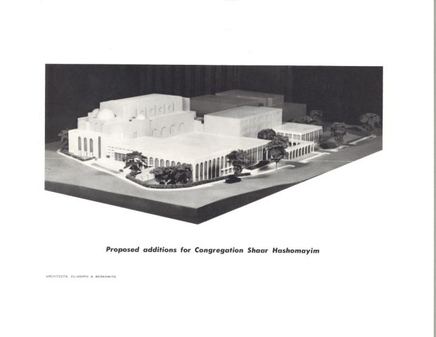 An architectural model showing proposed additions to a synagogue building