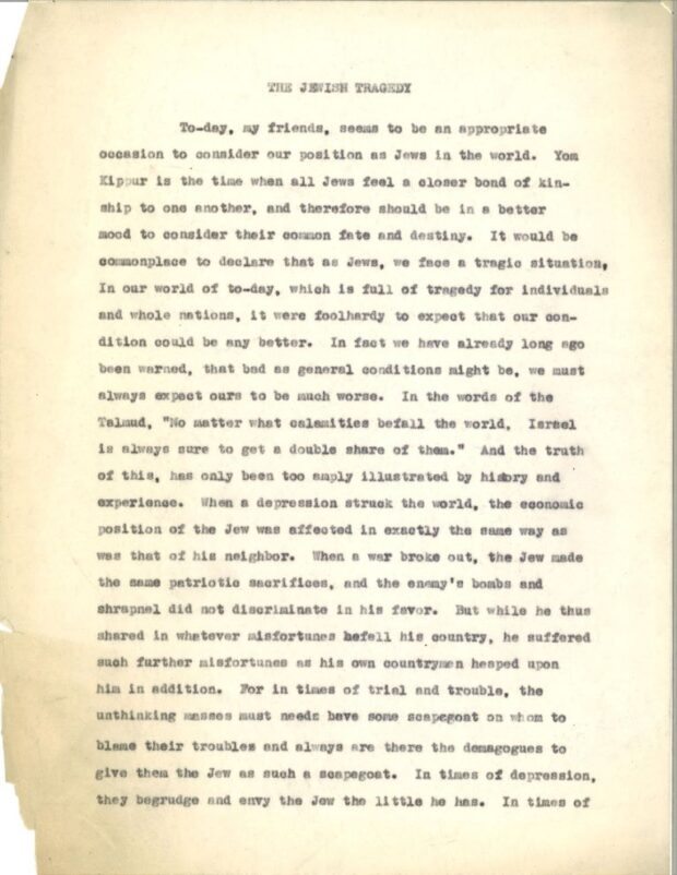 The first page of a sermon by Rabbi Herman Abramowitz entitled The Jewish Tragedy.