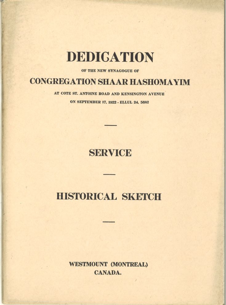 A beige booklet with black writing, the front cover of the service booklet for the dedication of the Shaar Hashomayim building in Westmount.