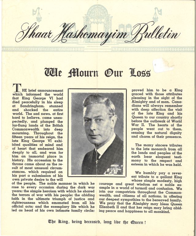 The front page of a synagogue bulletin announcing the death of King George VI. A picture of King George VI is in the centre.