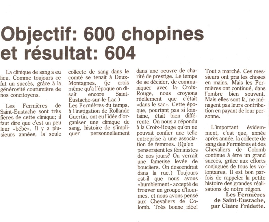 Reproduction of a newspaper article with the headline: “Goal: 600 bottles; result: 604”