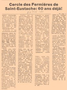 Reproduction d’un article de journal ayant pour titre : Cercle de Fermières de Saint-Eustache : 60 ans déjà.