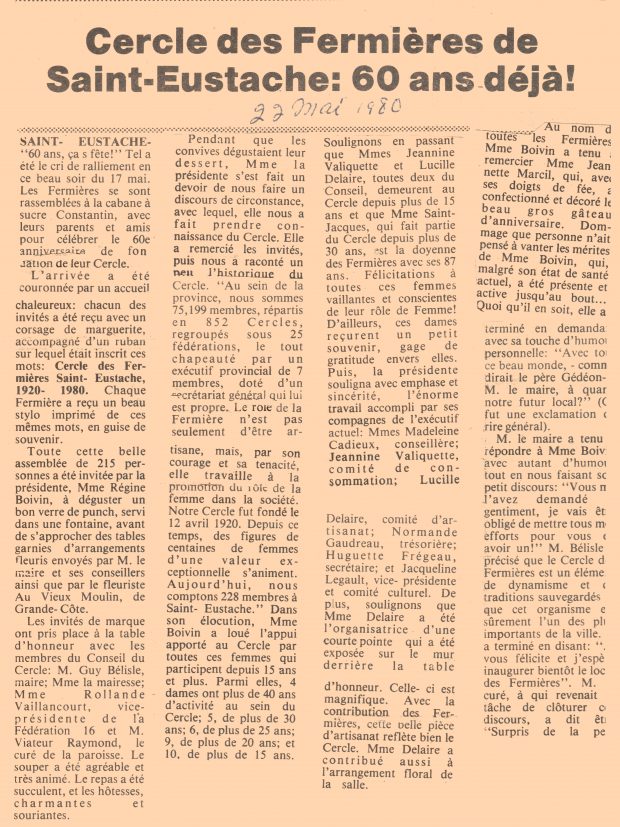 Reproduction of a newspaper article with the headline “Cercle de Fermières de Saint-Eustache: 60 years already.”