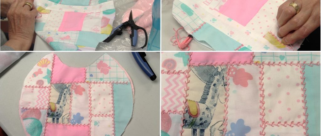 Four photos joined together. The first two show a woman’s hands embroidering the edges of each of the squares of fabric in pastel shades that make up a bib. The third shows the whole bib. The fourth is a close-up of the bib showing the type of embroidery used – featherstitch.