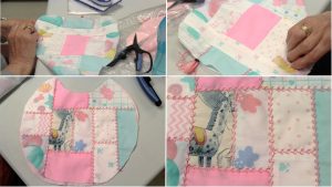 Four photos joined together. The first two show a woman’s hands embroidering the edges of each of the squares of fabric in pastel shades that make up a bib. The third shows the whole bib. The fourth is a close-up of the bib showing the type of embroidery used – featherstitch.