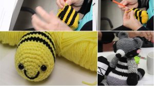 Four photos joined together. The first two show a woman’s hands crocheting the body of a small bee. The third shows the completed body of the bee and a ball of yellow wool. The last photo shows a crocheted raccoon in a striped sweater sitting on a table.