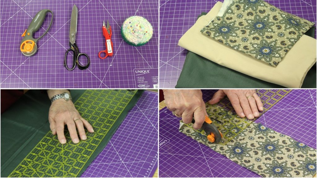 Four photos joined together. The first shows a rotary cutter, a pair of scissors, a thread cutter and a pin cushion on a mauve cutting mat. The second shows three pieces of fabric in shades of green and beige. The third and fourth photos show a person’s hands measuring and cutting out pieces using the tools.