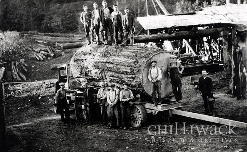 Groupe de treize hommes devant un camion de grumes de sapin à la scierie Orion Bowman 