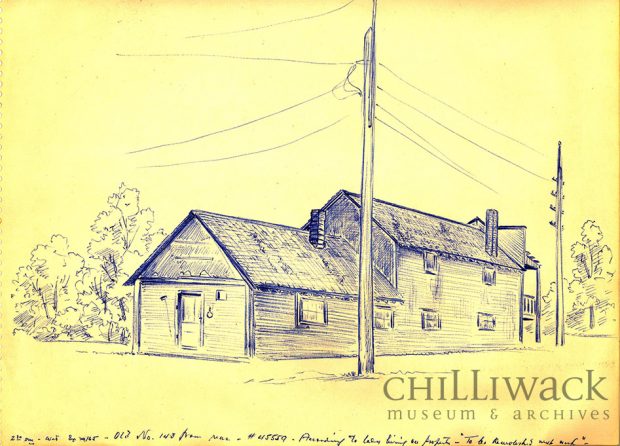 Pen on paper sketch of the rear of the Chinese Masonic Hall. Trees and electrical lines visible in background and foreground