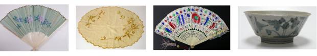 Four artifacts (a fan, table cover, fan and a rice bowl) from the Chilliwack Museum and Archives artifact collection
