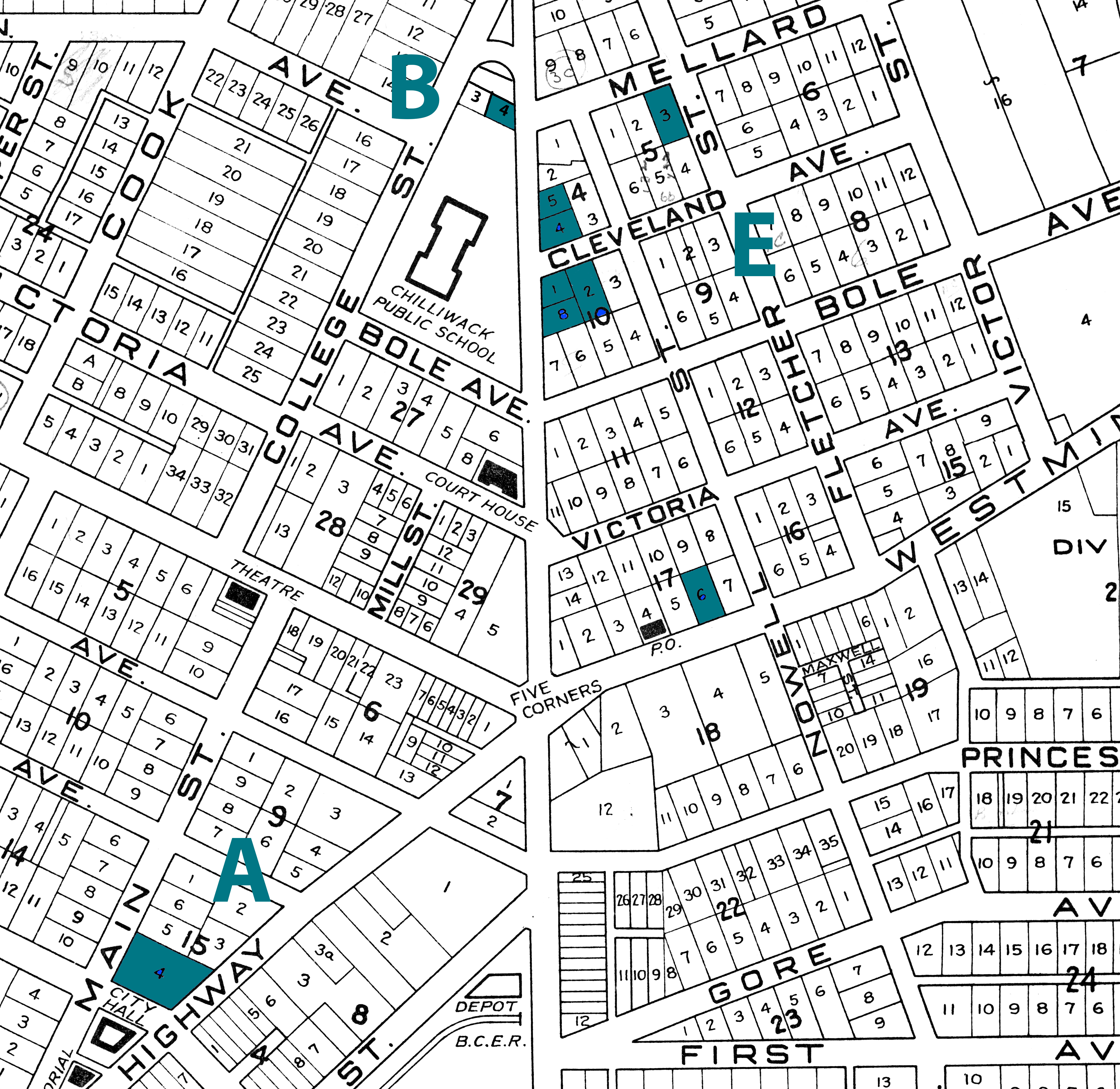 Detail of a black and white street map of downtown Chilliwack marked with 3 coloured letters (A, B, and E) and 5 coloured boxes that indicate Chinese ownership.