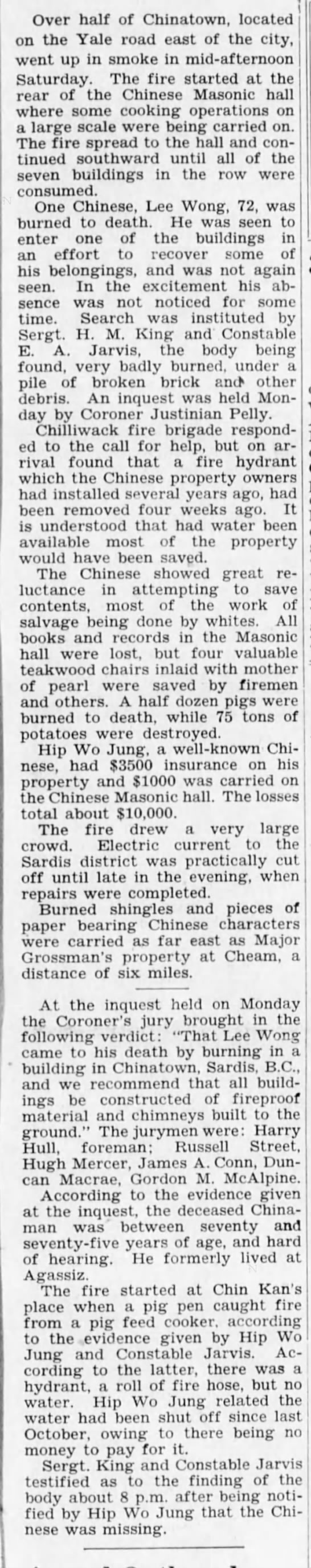 A newspaper clipping from the Chilliwack Progress discussing the 1932 Chinatown fire