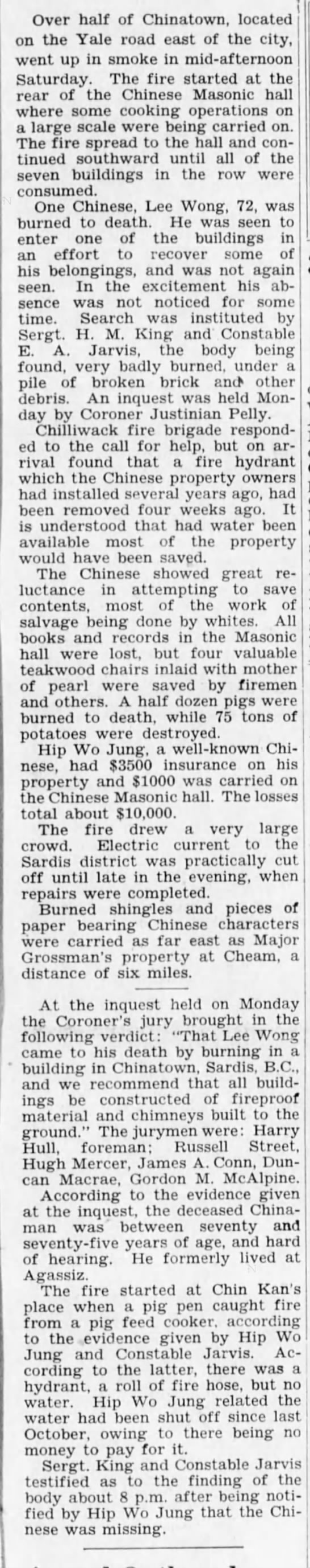 A newspaper clipping from the Chilliwack Progress discussing the 1932 Chinatown fire