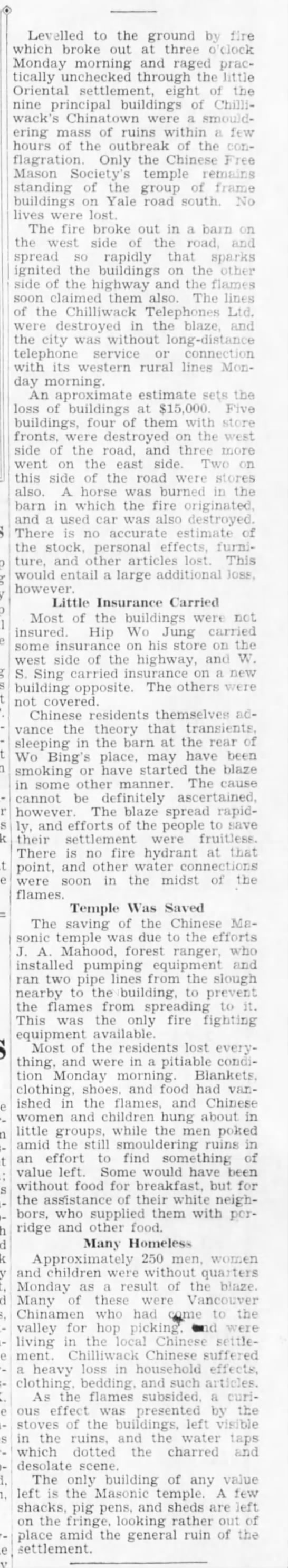A newspaper clipping from the Chilliwack Progress outlining the 1934 Chinatown fire