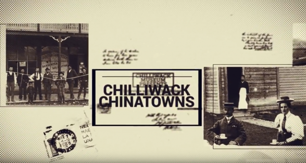 Black and white video still with box reading Chilliwack Chinatowns. Two photographs to the left and right of box