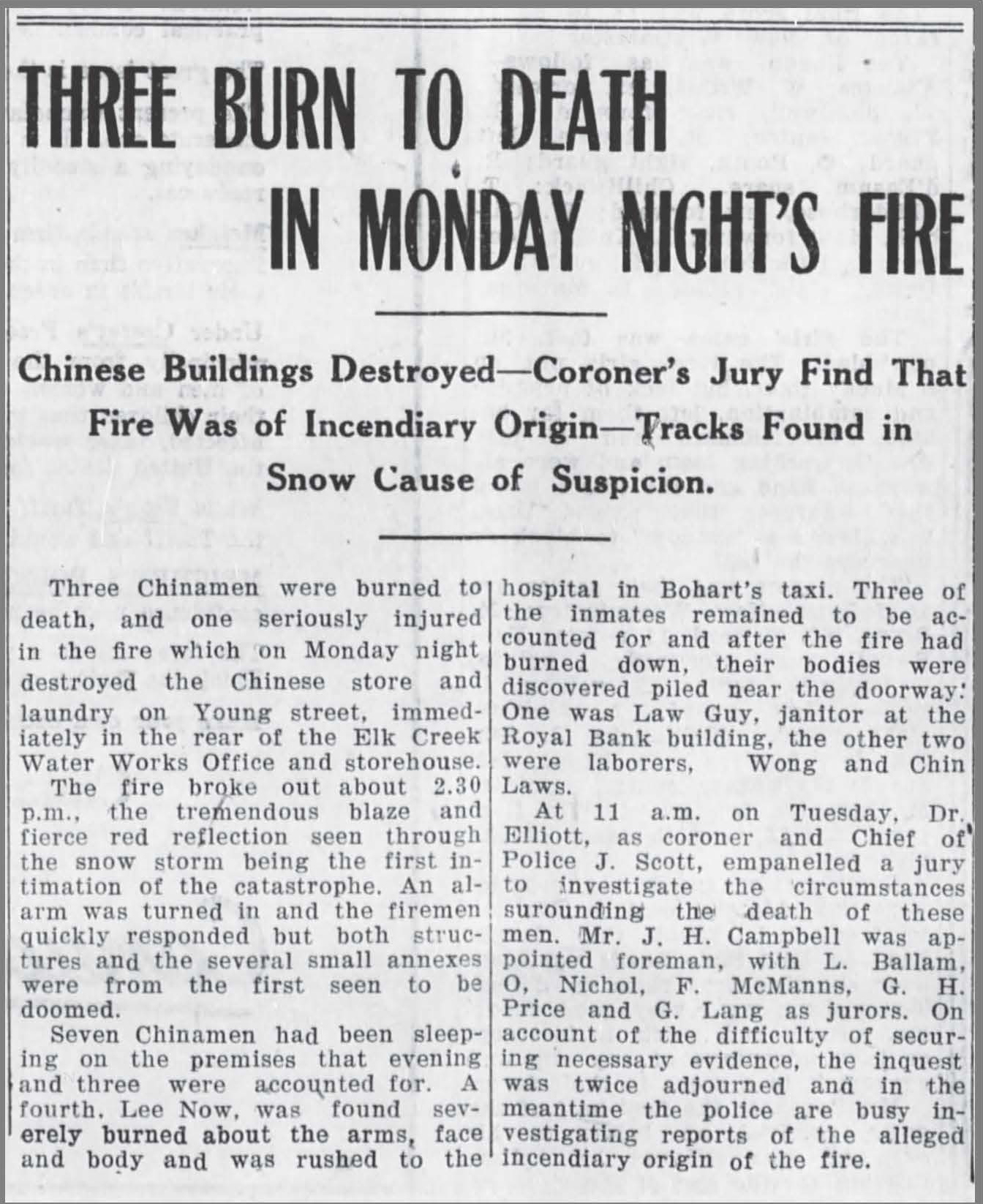 A newspaper clipping from the Chilliwack Progress discussing the 1921 Chinatown fire