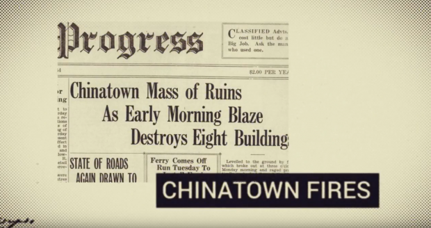 Video still featuring black and white newspaper clippings and text reading Chinatown Fires