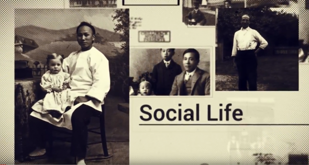Video still featuring various black and white photographs and text reading Social Life