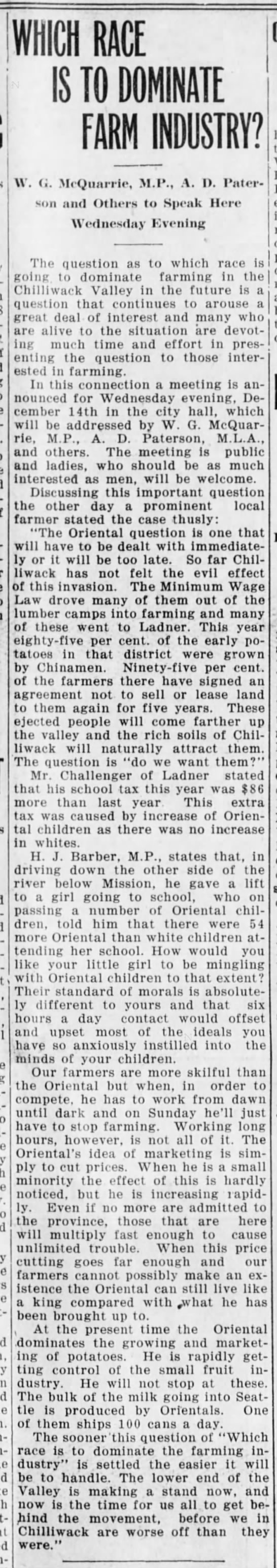 Chilliwack Progress newspaper clipping from December 8, 1927