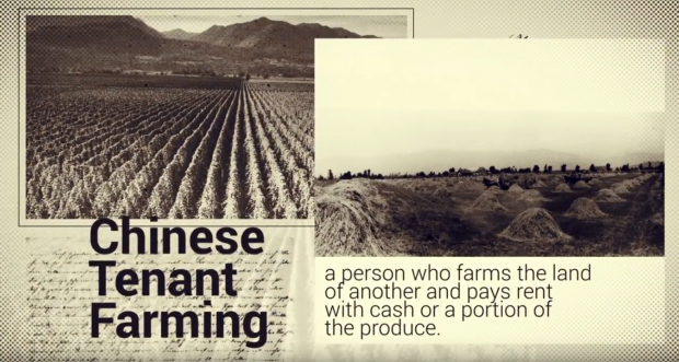 Video still featuring black and white photographs of fields and prominent text reading Chinese Tenant Farming alongside definition of tenant farming
