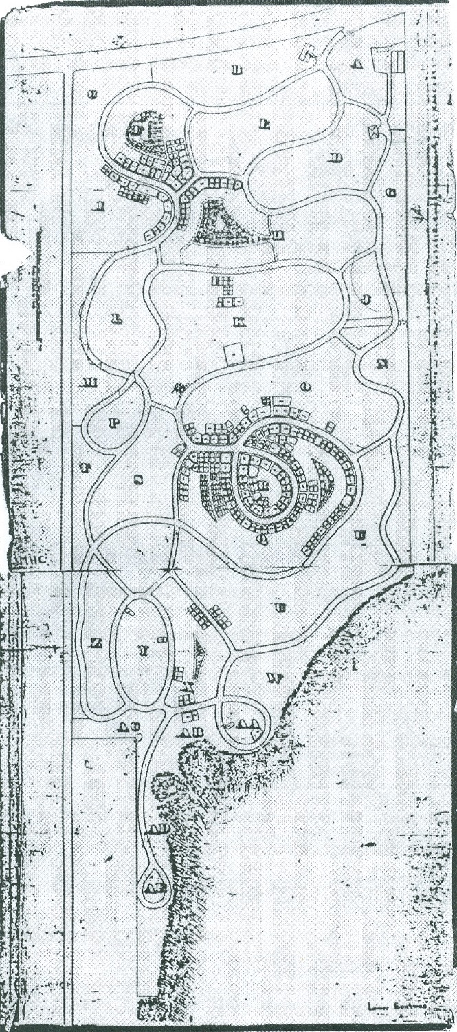 Black and white drawing of the Plans of cemetery/ drawn in pencil and pen