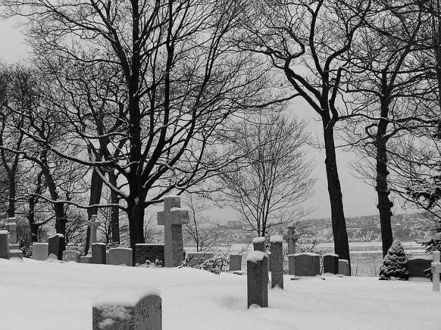 Black and white picture of a cemetery in the winter with bare trees and snow on the ground