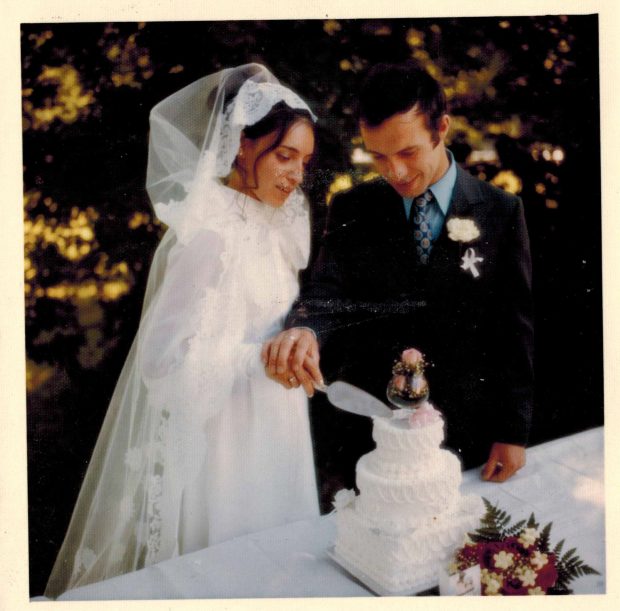 Colour picture of women and men cutting a wedding cake