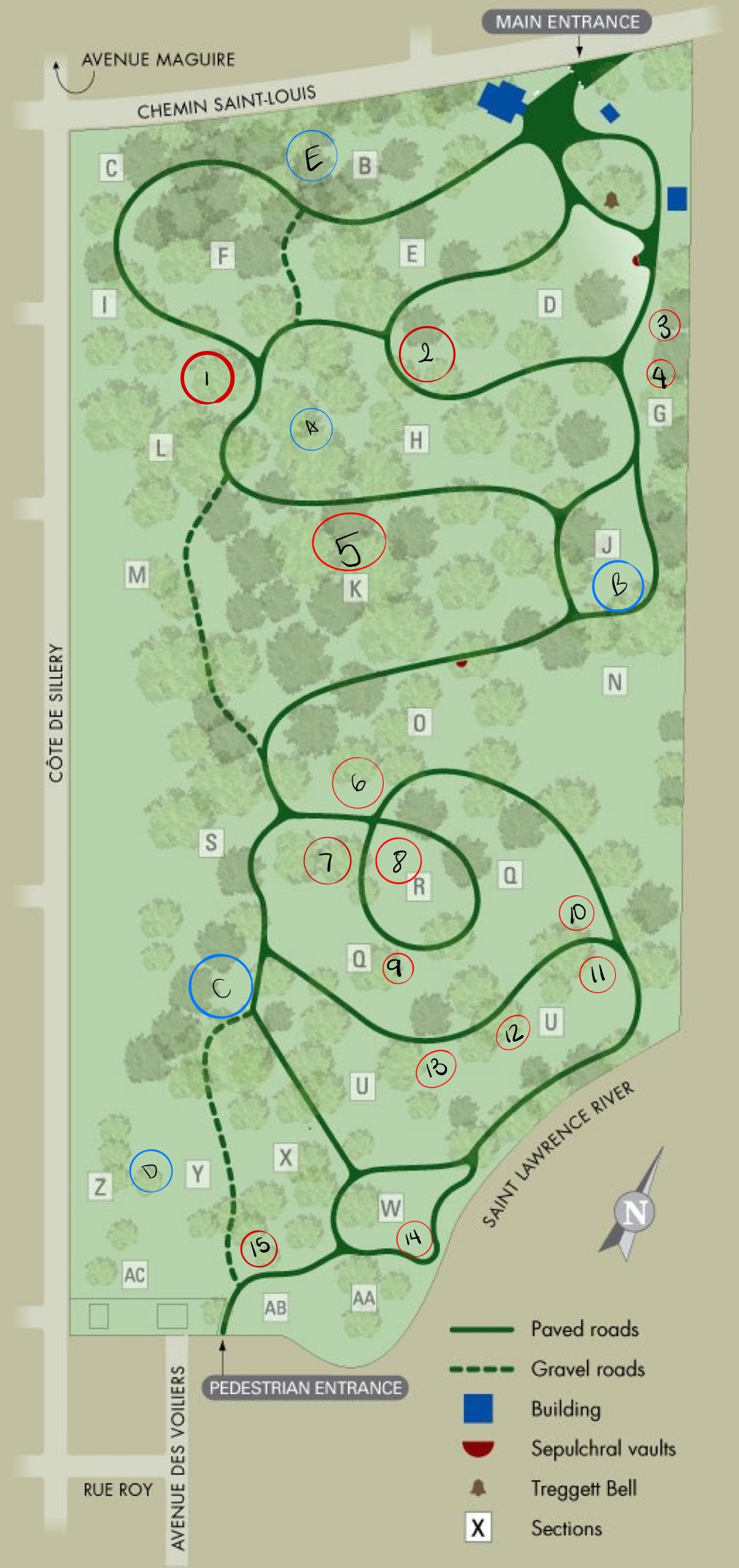 Map of the cemetery with numbers to locate all the different plots