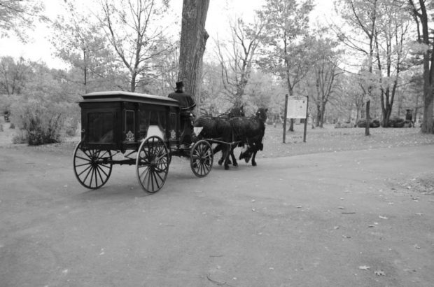 Black and white of a horse driven hearse