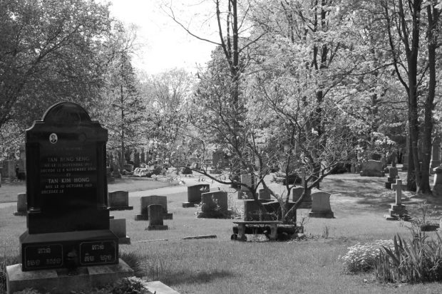 Black and White picture of the cemetery grounds