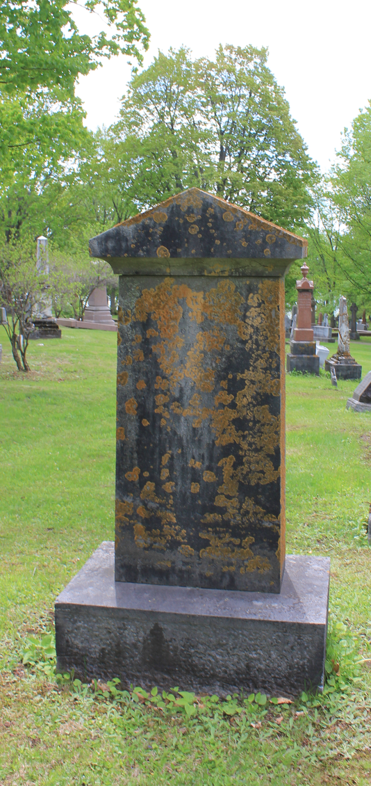 dark stone headstone covered in moss