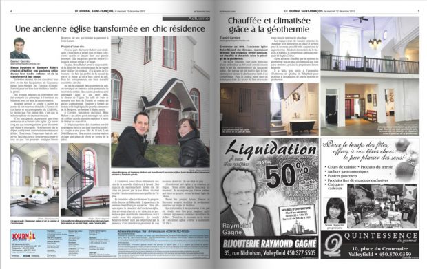 Two pages of a local newspaper, an article titled: An old church transformed into a classy residence, a few ads, five photographs of the inside of the church transformed into a private residence, a photo of a couple in front of the church.