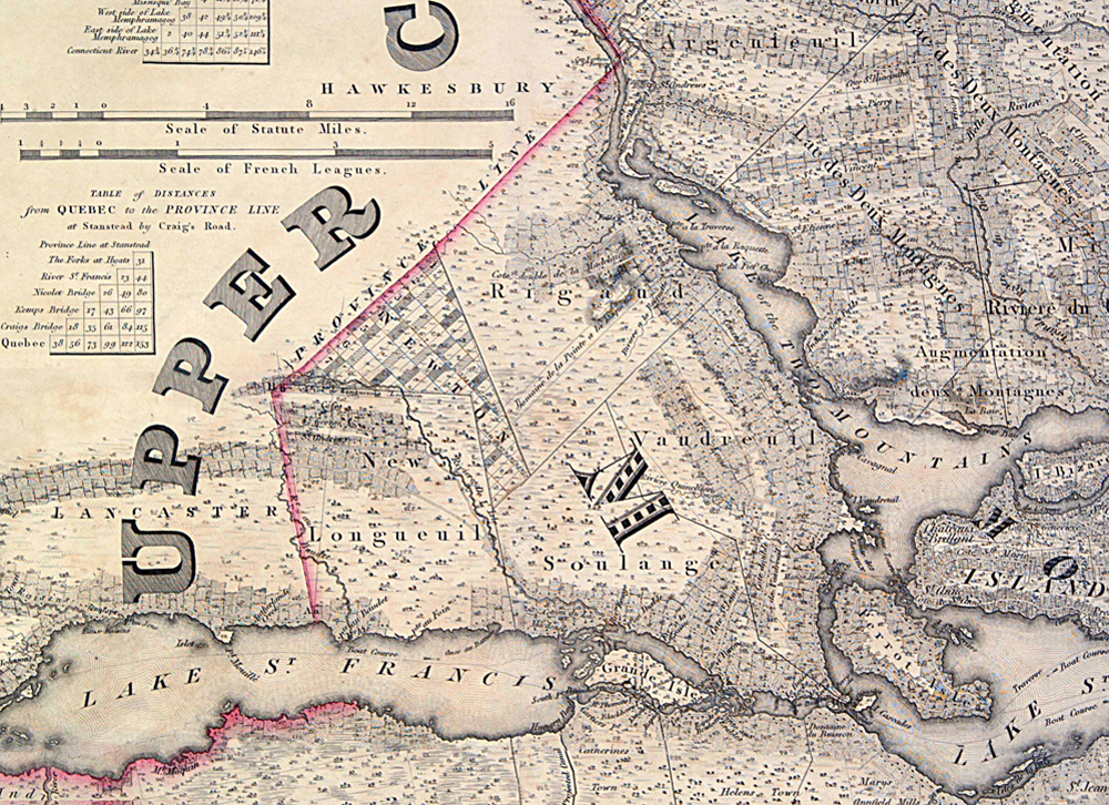 Detailed old topographic map representing the five seigneuries of Vaudreuil-Soulanges.