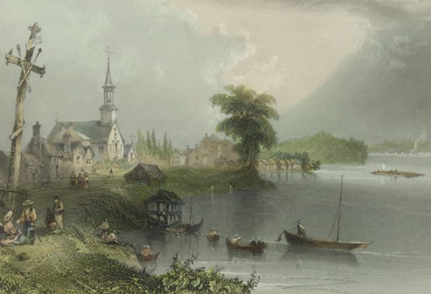 Old watercolor painting depicting a large cross, a church, and small houses on the waterfront, with people welcoming seafarers from various vessels arriving on the riverside.