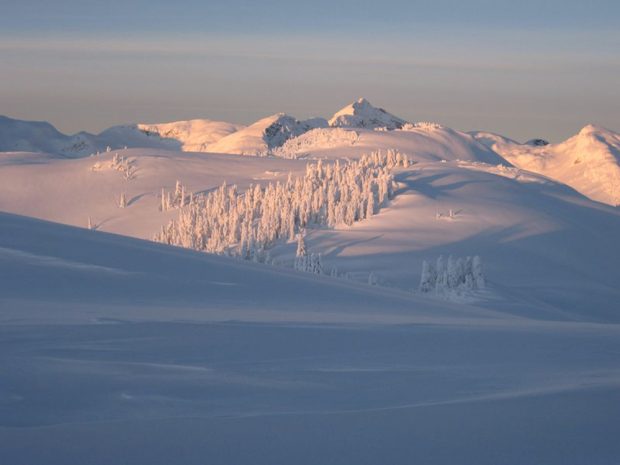 The sun shines on the snowy peaks in the distance and the untracked gentle snowy slopes in shadows appeal to backcountry skiers eager to ski the fresh powder. Photo was taken from just in front of the Brew Hut.