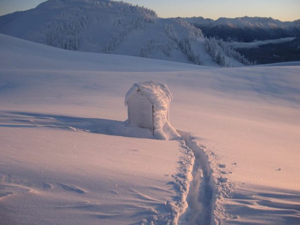 Lone outhouse in deep snow with a path cleared to its entrance