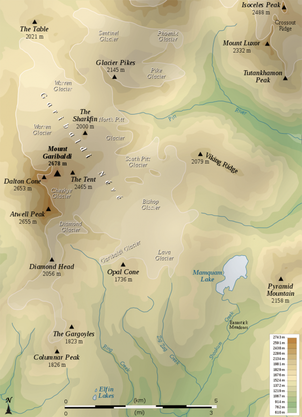 Topographical map of the Mount Garibaldi area showing valleys, rivers, glaciers, mountain peaks using different shades of colour.