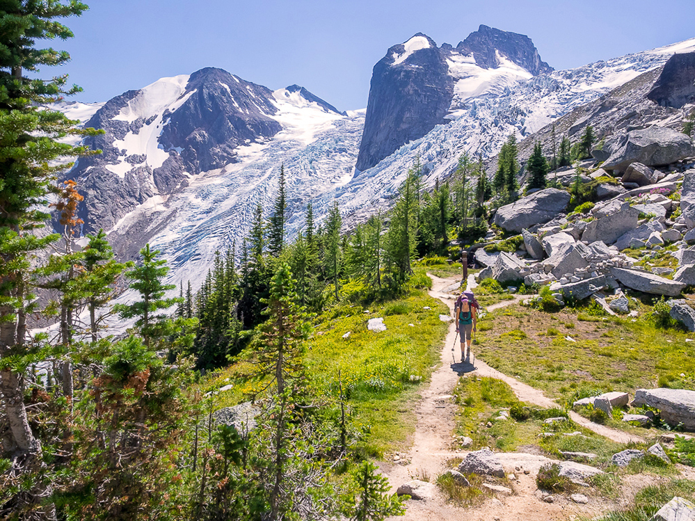 Glaciers surround jagged spires in the background. A women walks on the snowfree trail in the summer sunshine heading towards the glaciers and jagged peaks. Photo is taken from behind the woman walking.